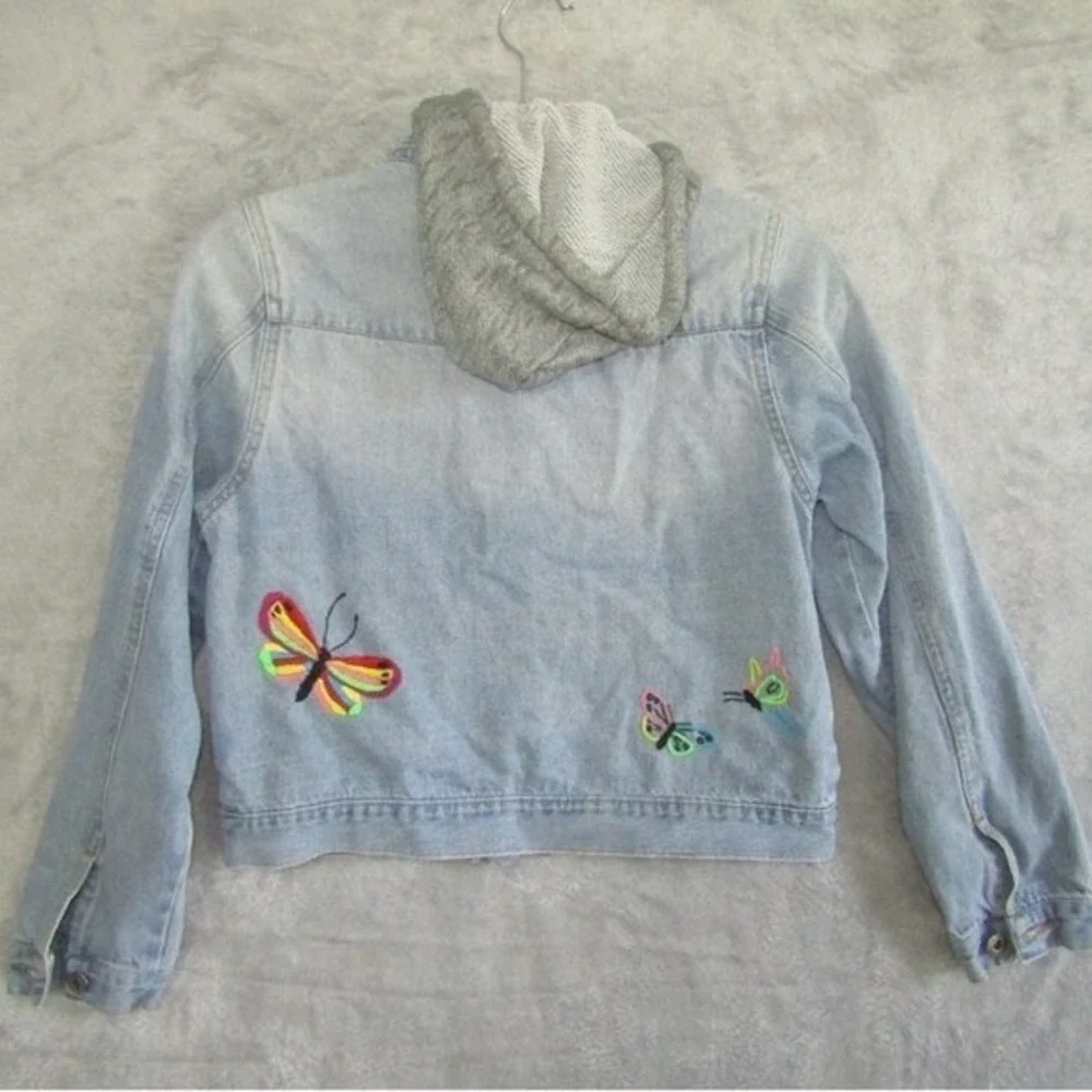 The Style Between‎ Us Girls S Light Wash Denim Jacket Embroidered Butterfly Hood
